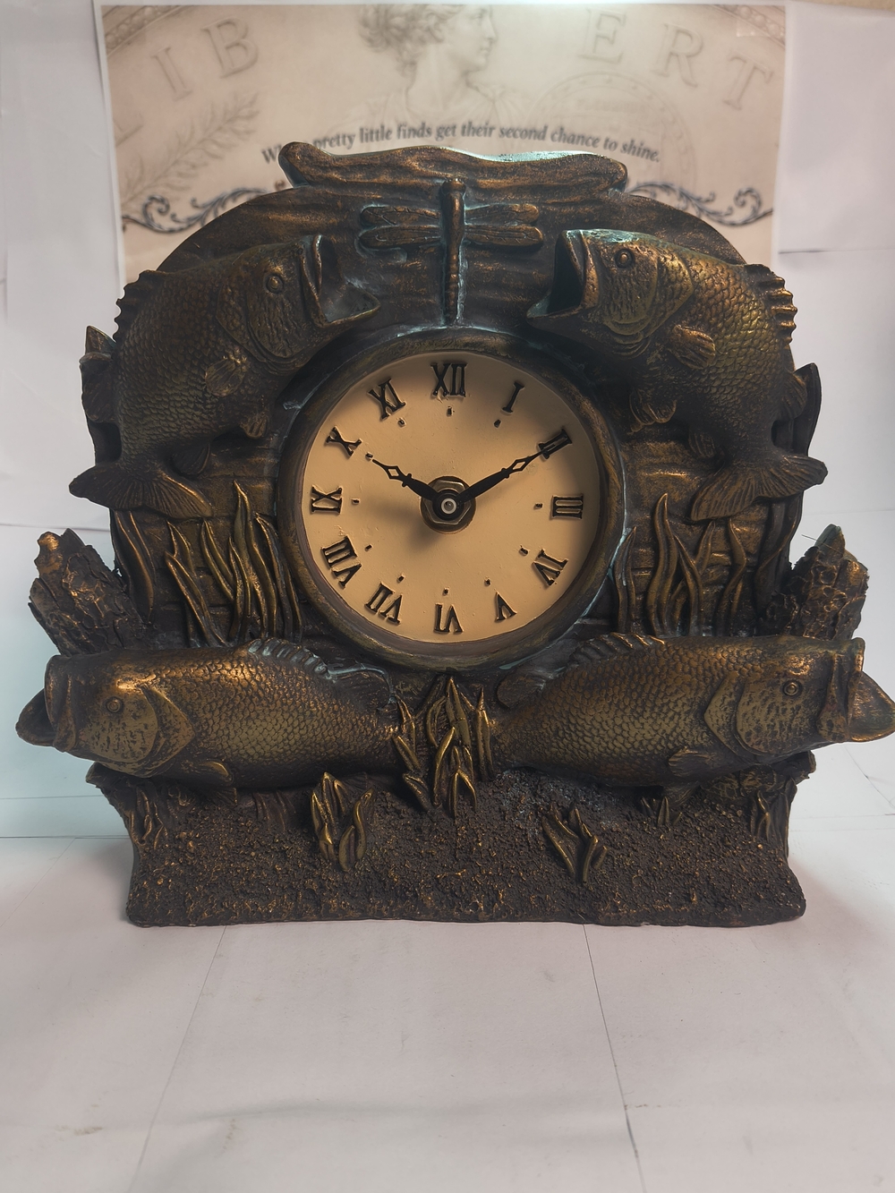 Trout Fish Resin Mantel Clock Faux Bronze Verdigris Working 7in Cabin Decor